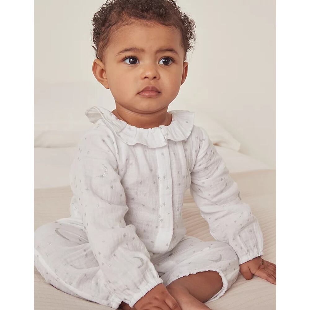 The Little White Company Organic Double Cotton Moon Stars Sleepsuit 0-3 Months